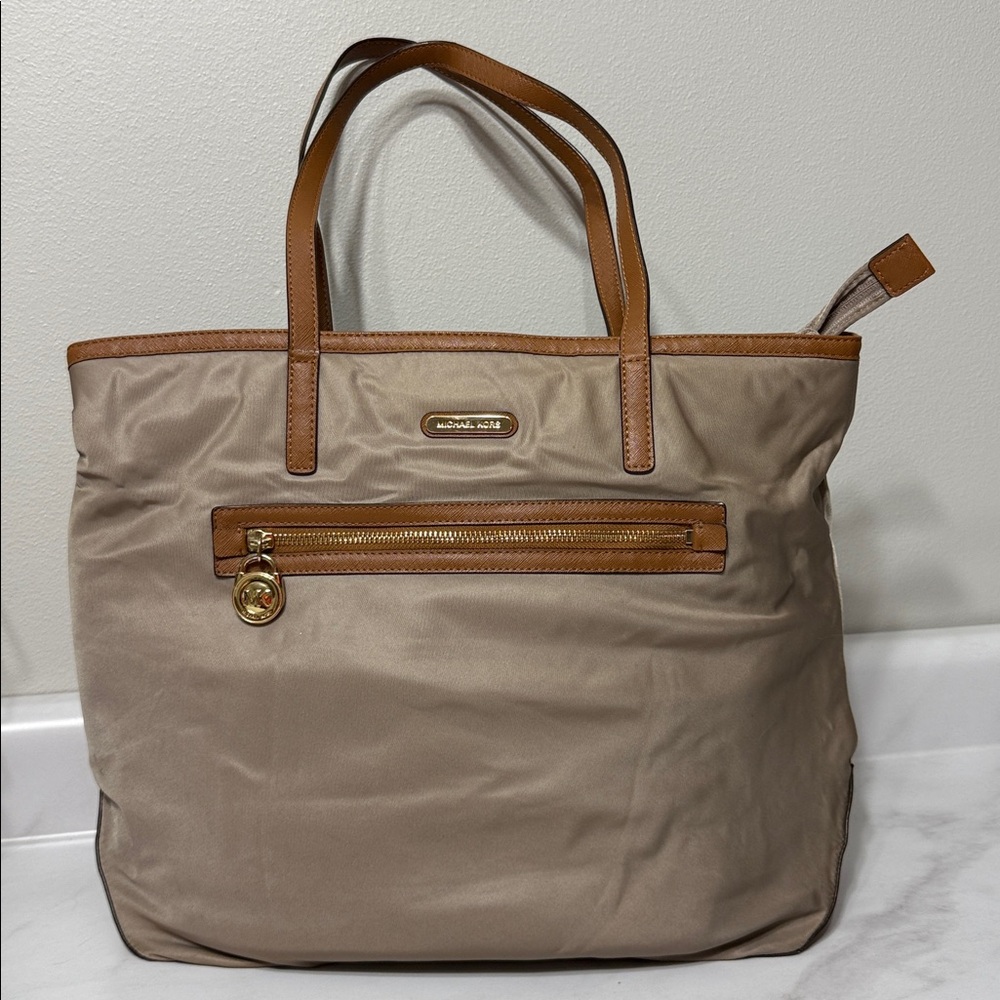 Michael Kors Beige and Brown Leather-Trim Tote